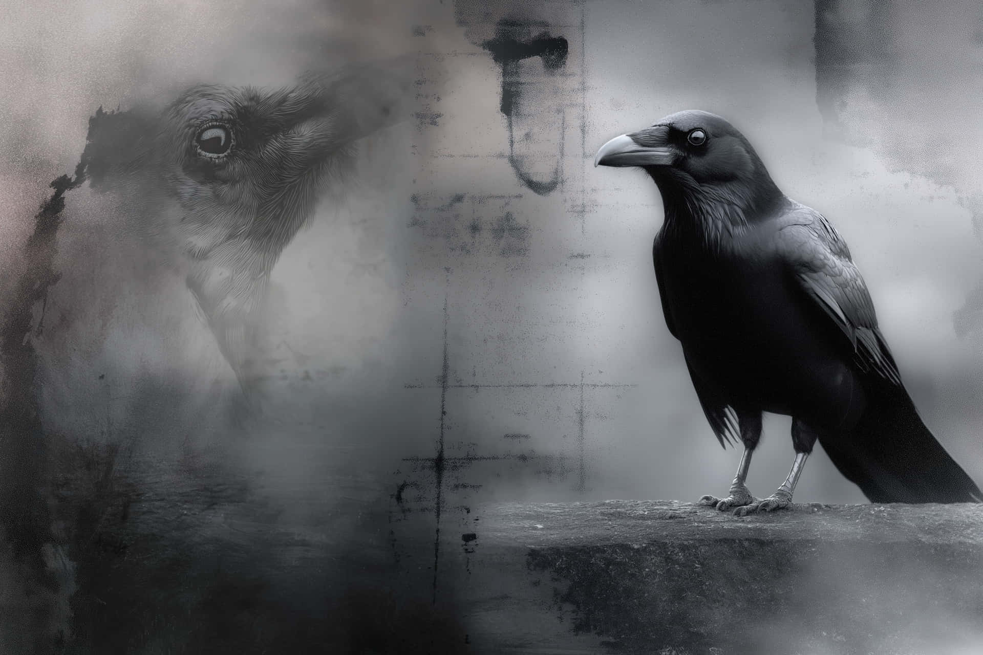 Pensive Raven Against Grungy, Textured Backdrop with Spirit 壁紙 — 一隻黑色烏鴉棲息在壁架上，面對著從煙霧灰色薄霧中出現的幽靈般半透明烏鴉頭。