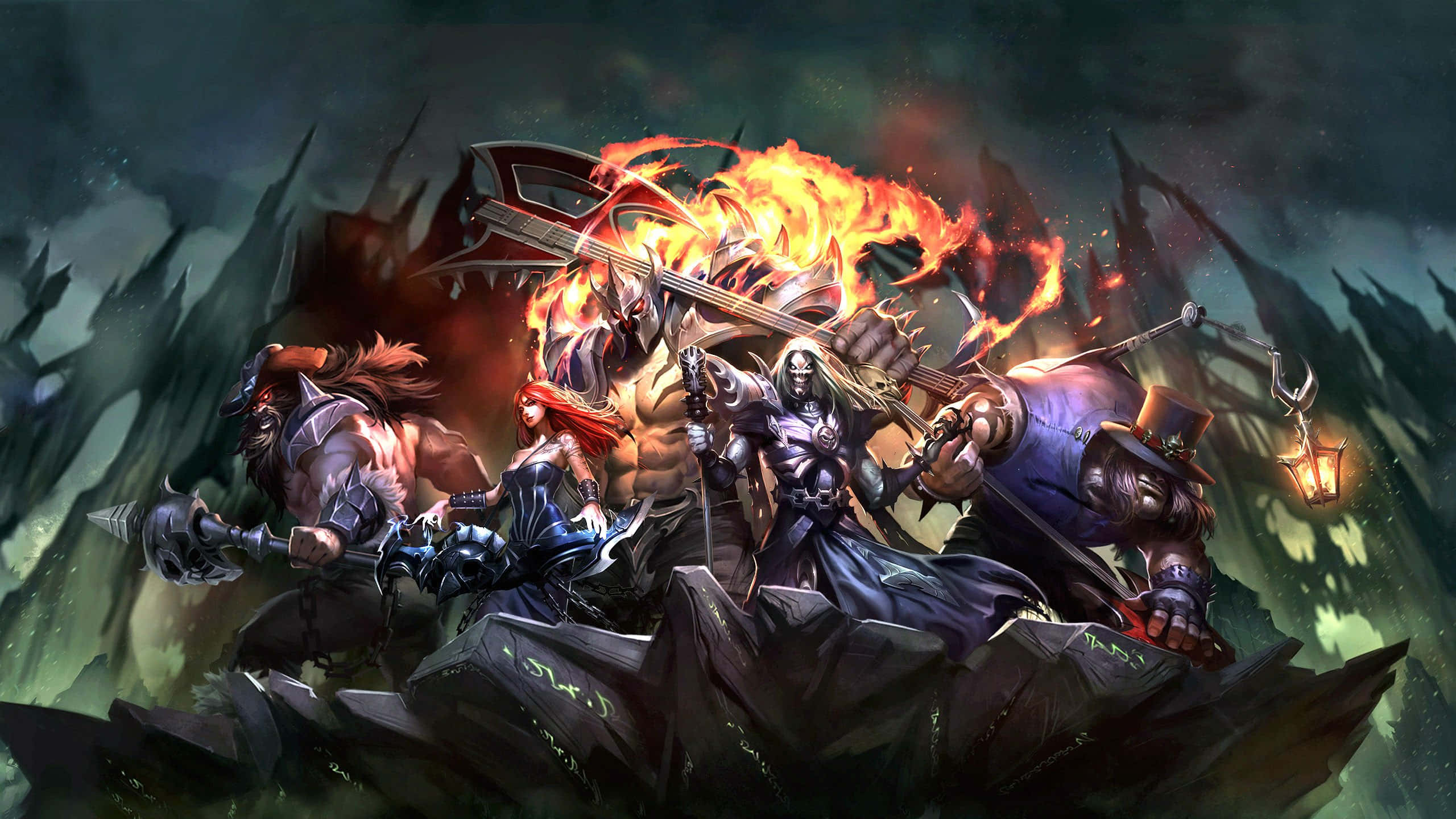 英雄聯盟 Pentakill 2440x1440 背景 壁紙 — 一個火焰惡魔戰士揮舞著一把燃燒的斧頭，而四個身穿盔甲的英雄在風暴天空下的崎嶇岩石上準備戰鬥。