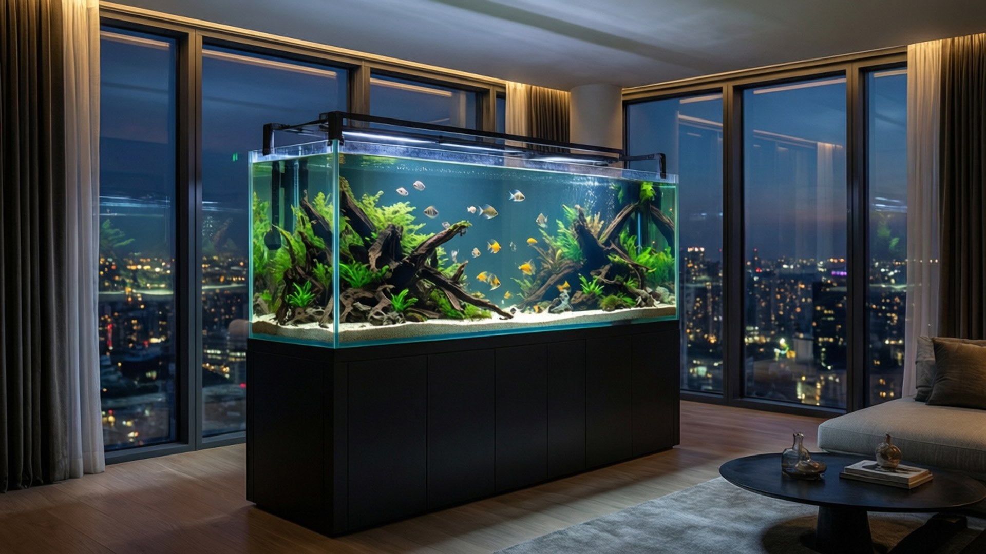 一個現代化客廳中的大型水族箱，裡面有魚和植物，透過窗戶可以看到城市燈光。