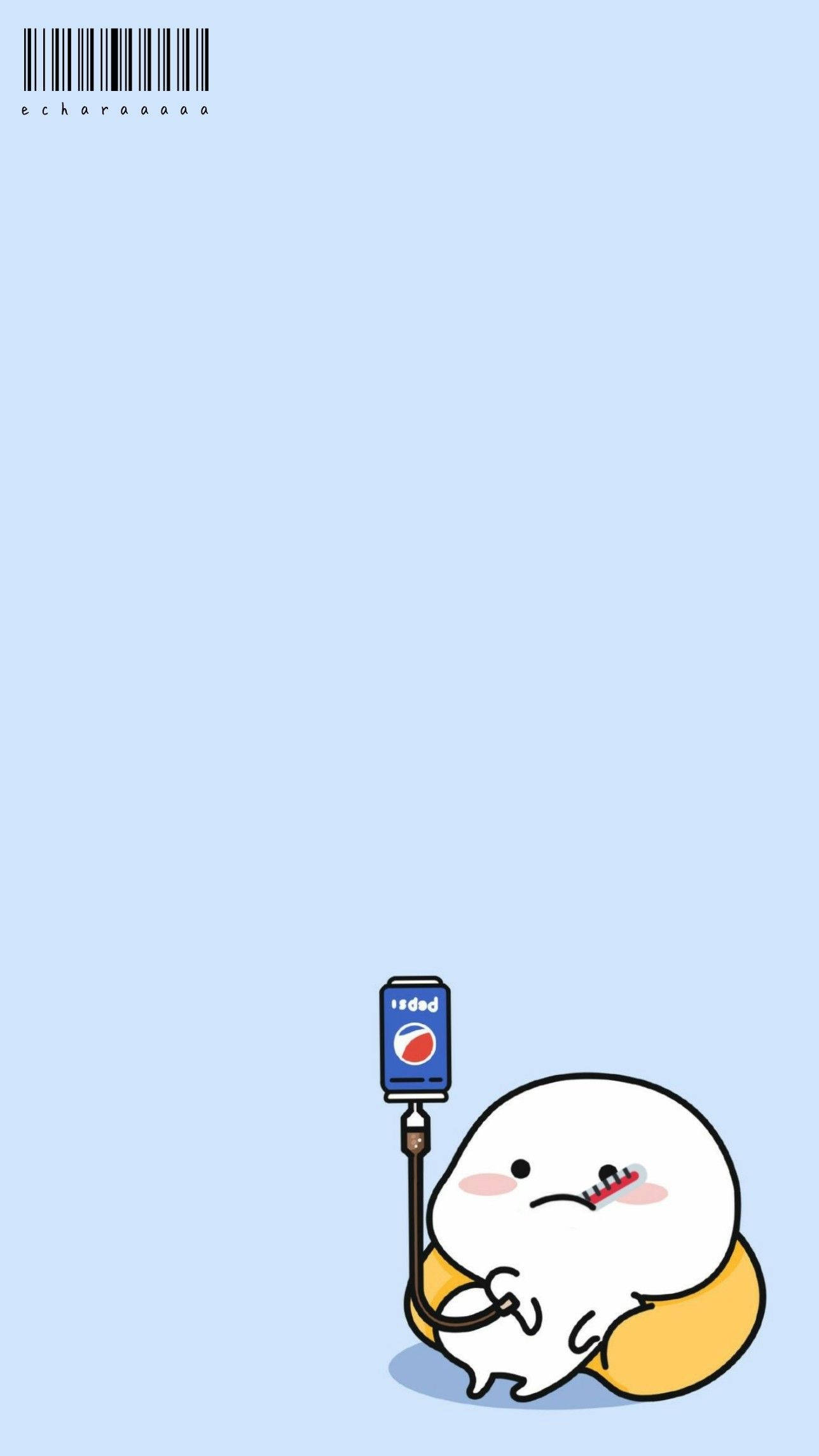 生病的 Pentol 與百事可樂 壁紙 — 一個可愛的白色卡通角色，黃色肚子，傷心地坐在淺藍色背景前，拿著一個連接到靜脈滴注的百事可樂罐。