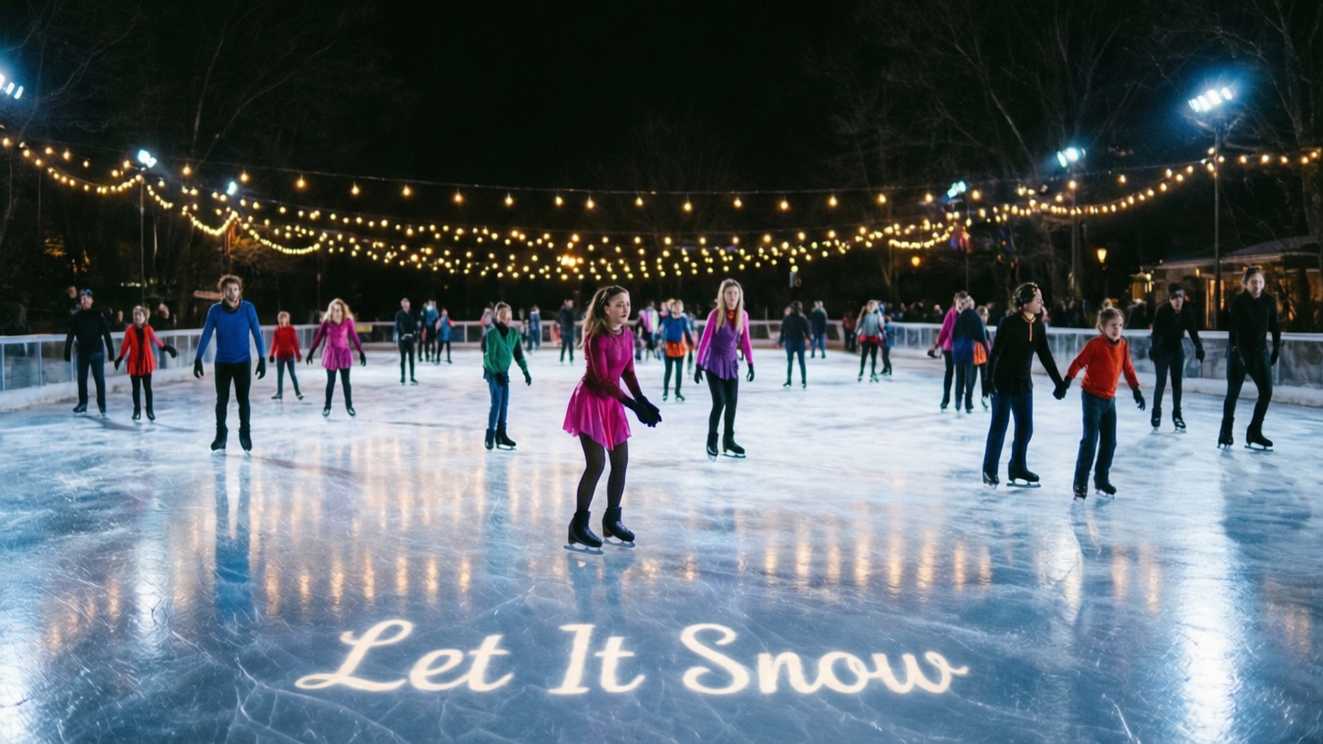 夜間溜冰場，人們在燈串下滑冰，冰上投射著「Let It Snow」。