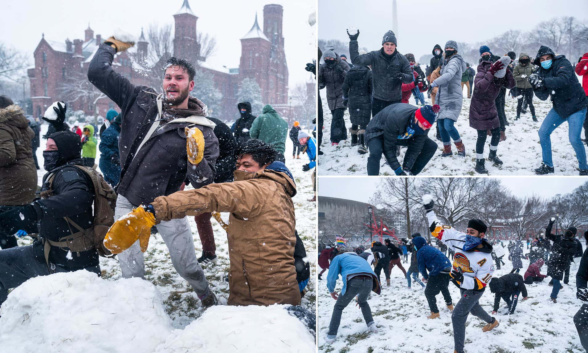 壁紙 — 人們在白雪覆蓋的校園庭院中歡樂地擲雪球，背景是歷史悠久的磚砌建築。