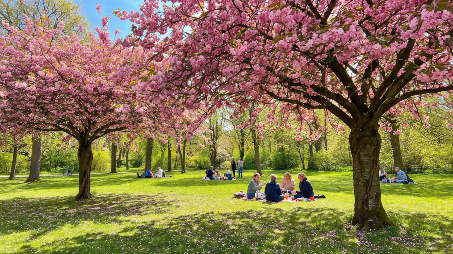 人們在陽光明媚的公園裡，在盛開的櫻花樹下享受野餐。