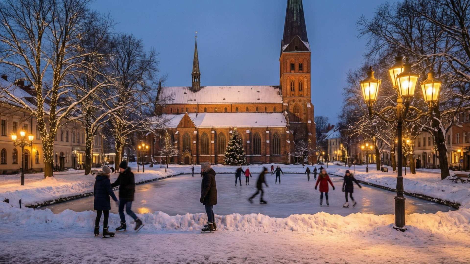 溜冰者在黃昏時分在歷史悠久的教堂附近的雪地溜冰場上滑行。
