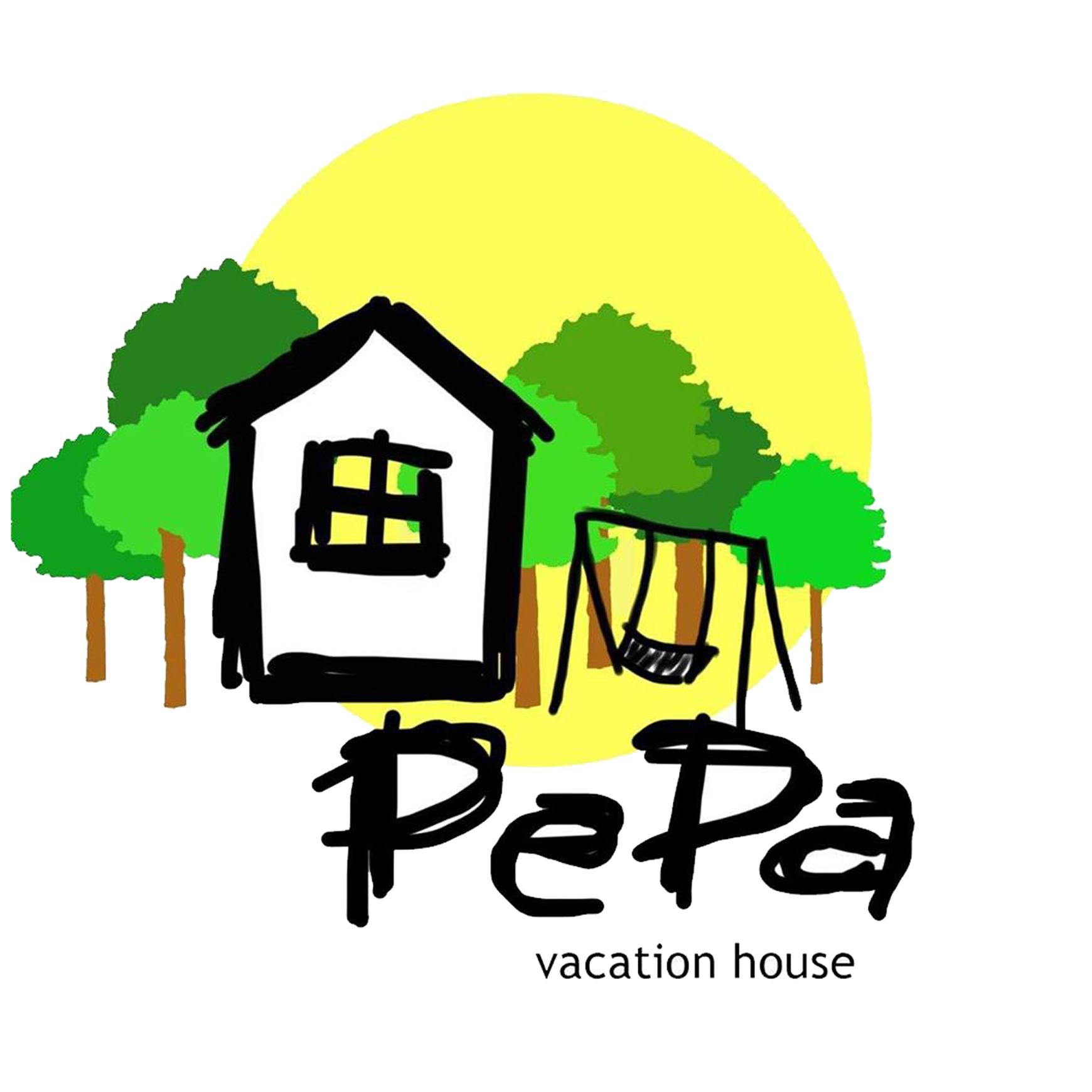 PePa度假屋標誌 壁紙 — 手繪標誌顯示一間白色度假屋，帶有鞦韆，周圍環繞著綠樹，上方有黃色太陽。