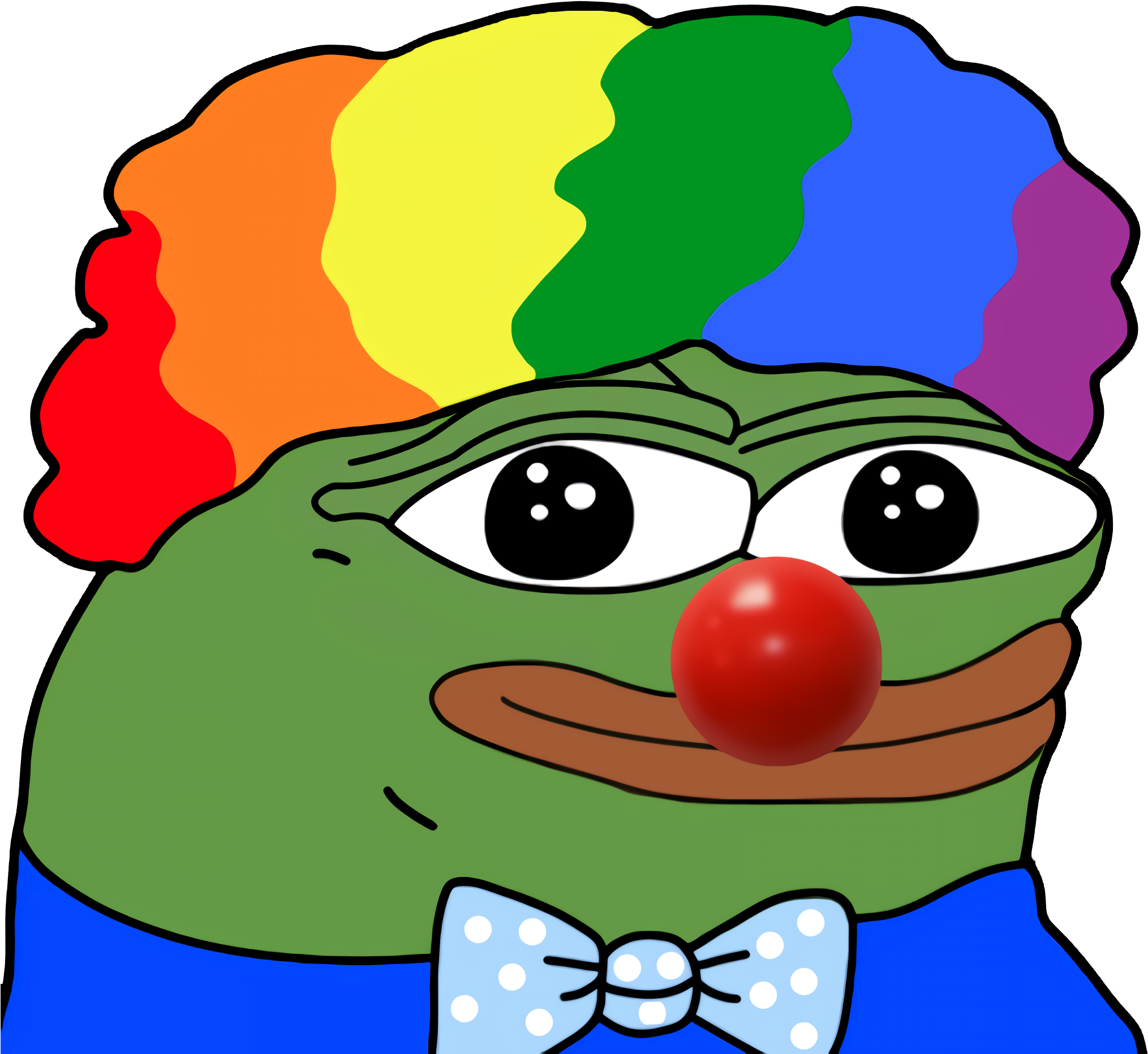 彩色小丑青蛙 Pepe 壁紙 — 一隻卡通青蛙戴著彩虹假髮、紅鼻子和藍色圓點蝴蝶結，瞪大眼睛凝視。