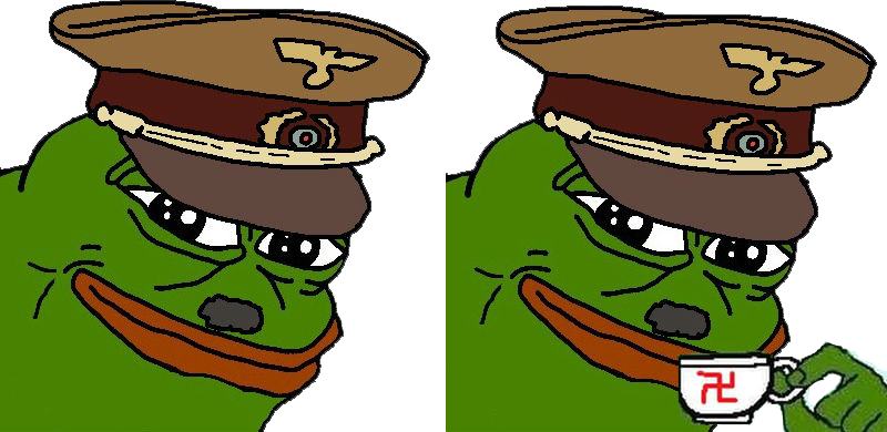 Pepe蛙茶時間迷因 壁紙 — 兩個卡通青蛙臉戴棕色軍帽，其中一個拿著帶有卐字標誌的杯子。