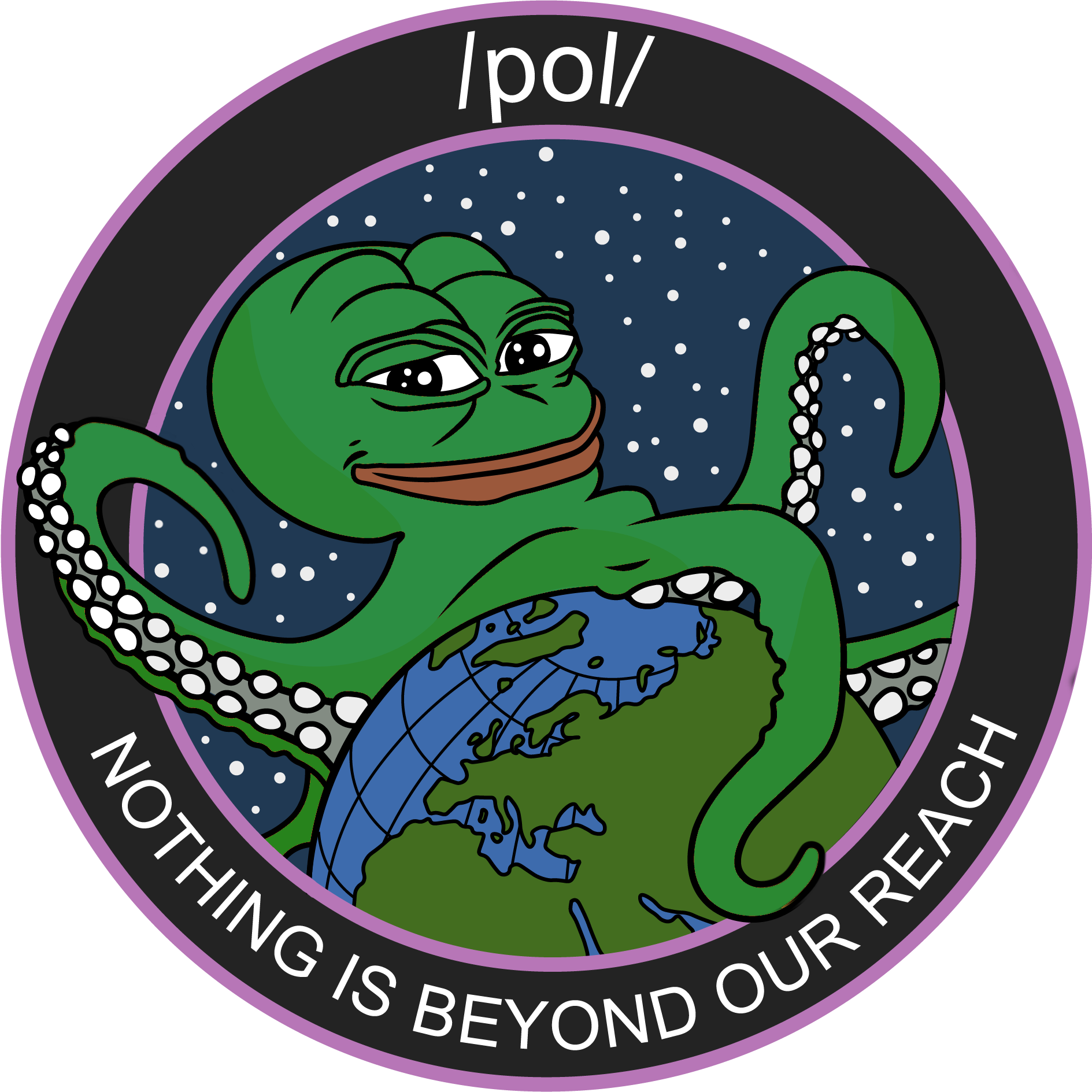 Pepe章魚環抱世界 壁紙 — 一隻綠色卡通八爪魚，擁有Pepe the Frog的臉，觸手纏繞著一個地球儀，背景是星空太空。
