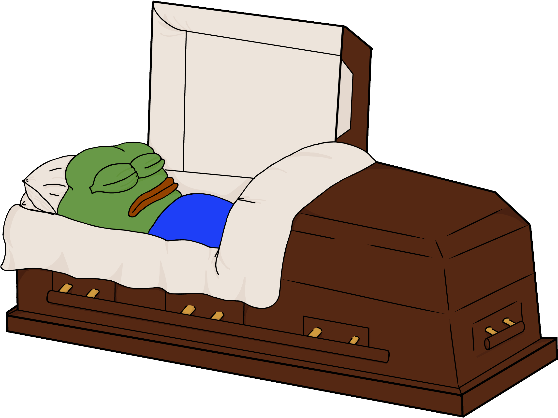 睡覺的Pepe 壁紙 — 一隻閉著眼睛的卡通青蛙，在打開的棕色棺材裡，蓋著白色毯子，安詳地休息。