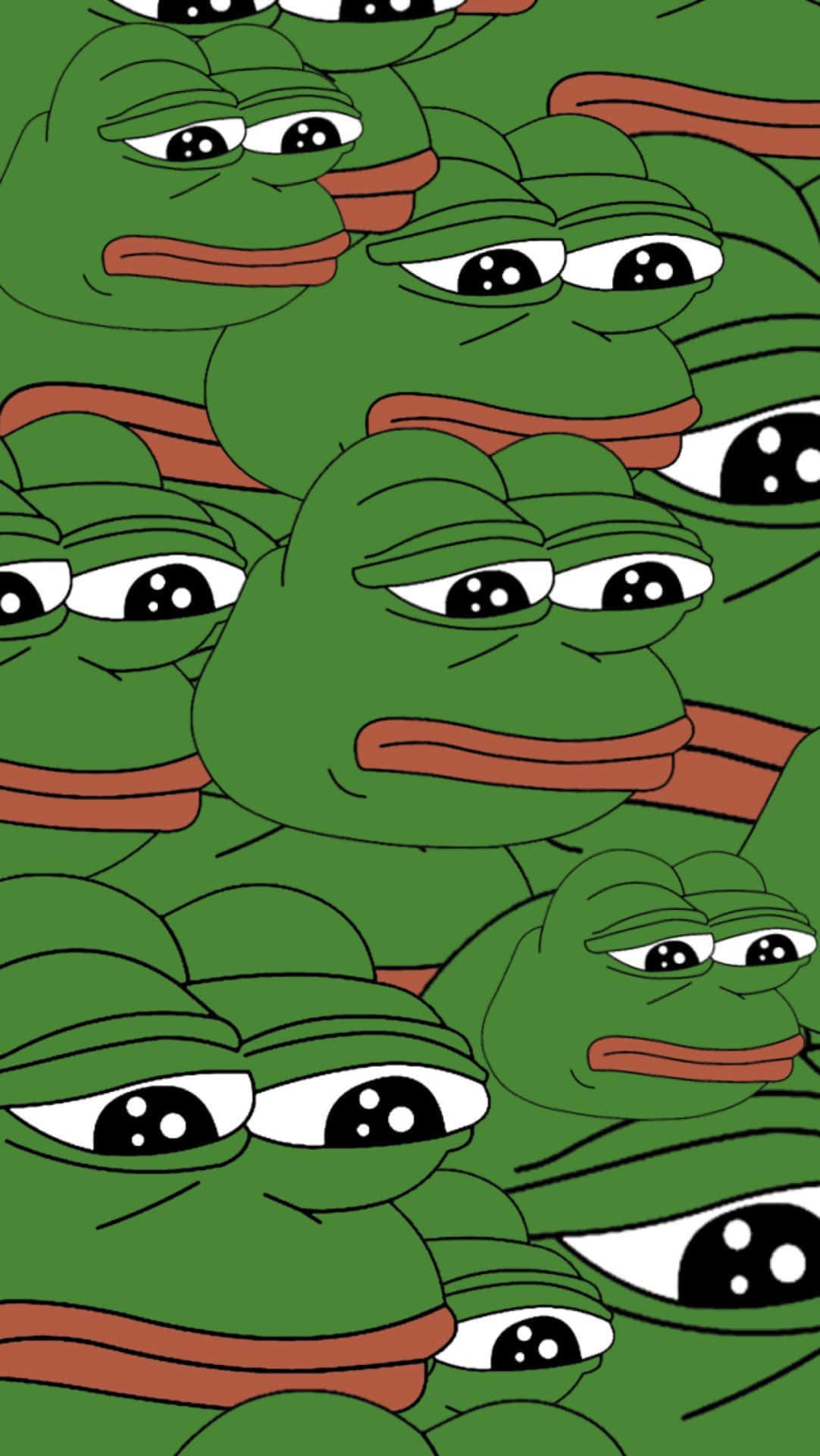 Pepe Frog 搞笑表情圖 壁紙 — 重複的綠色卡通青蛙臉圖案，帶有下垂的眼睛和紅色的嘴巴，構成密集的牆紙設計。