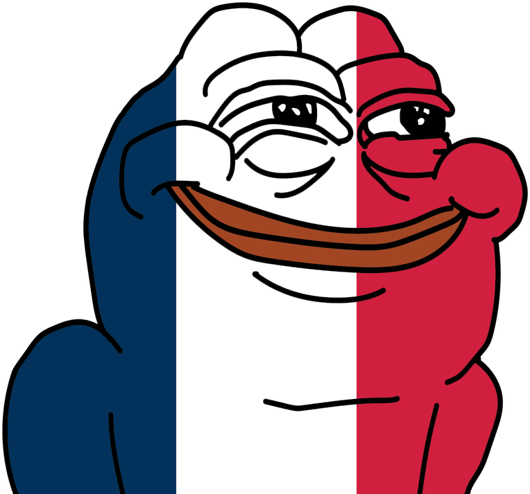 愛國風格Pepe Frog插畫 壁紙 — 一隻卡通青蛙從中間分開，帶有藍色、白色和紅色的部分，類似法國國旗。