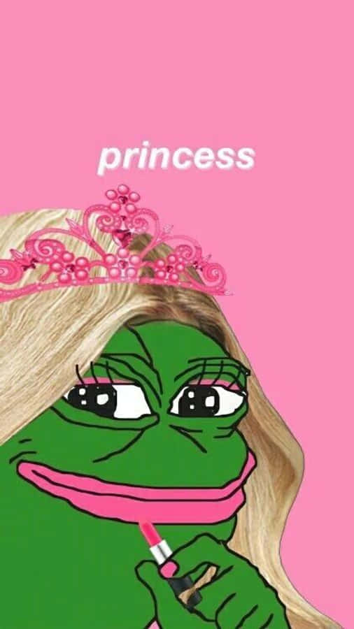 公主造型 Pepe Frog TikTok 頭像 壁紙 — 一隻金髮、戴著粉紅色頭冠的綠色青蛙，在純粉紅色背景上塗口紅，背景上有「公主」字樣。