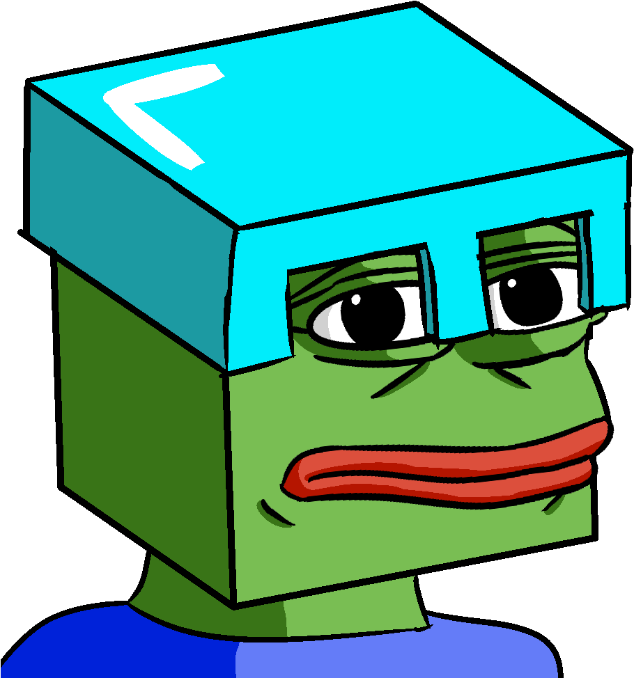 Pepe 戴著 Frozen 風格頭飾 壁紙 — 一隻卡通青蛙，頭部是藍色立方體，表情疲憊，在黑色背景前茫然凝視。