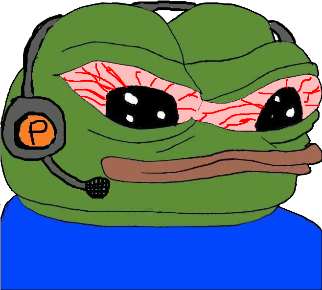 Pepe Gamer插圖.PNG 壁紙 — 一隻卡通青蛙，眼睛佈滿紅血絲，戴著耳機，穿著藍色襯衫。
