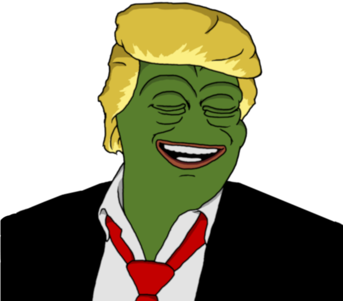Pepe 融合川普卡通形象 壁紙 — 一隻綠色卡通青蛙，咧嘴大笑，金髮，戴著紅色領帶，背景為黑色。