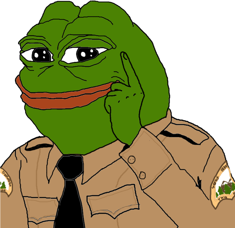 穿制服的思考Pepe青蛙 壁紙 — 一隻穿著警長制服的卡通青蛙，手托下巴，表情若有所思，背景為黑色。