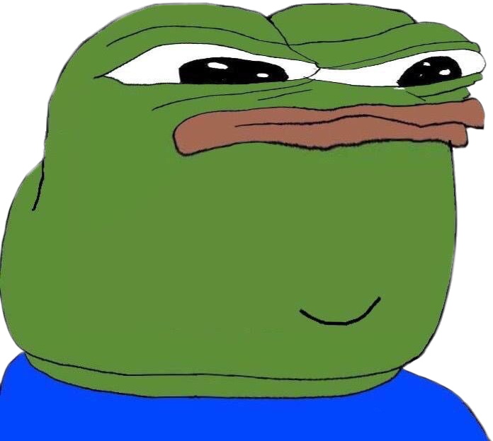 Pepe青蛙自滿表情 壁紙 — 一隻卡通綠色青蛙，帶著自鳴得意的表情，穿著藍色襯衫，背景為黑色。