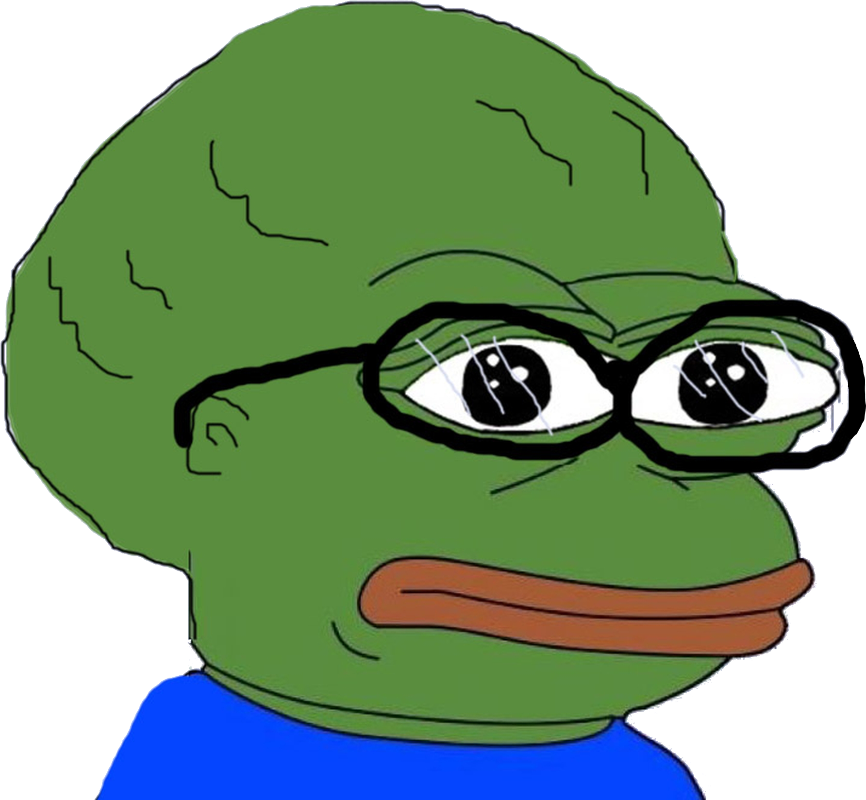 Pepe青蛙憂鬱表情.PNG 壁紙 — 一隻戴眼鏡、穿著藍色襯衫的卡通青蛙在黑色背景下專注地凝視。
