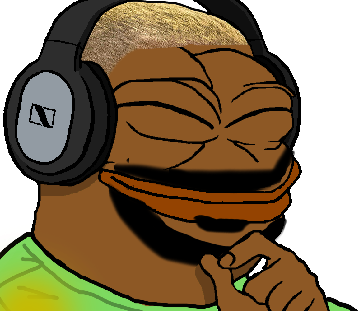 Pepe the Frog 聽音樂 壁紙 — 一隻戴著耳機、穿著綠色襯衫、表情深思的卡通青蛙，背景為黑色。