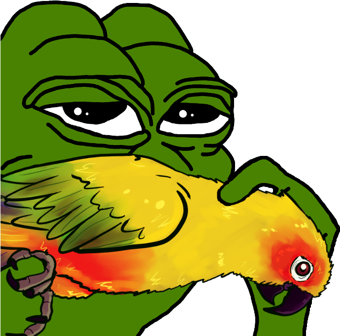 Pepe the Frog擁抱鸚鵡 壁紙 — 一隻綠色卡通青蛙，眼睛下垂，抱著一隻色彩繽紛的鸚鵡，鸚鵡有黃色身體和紅色頭部。