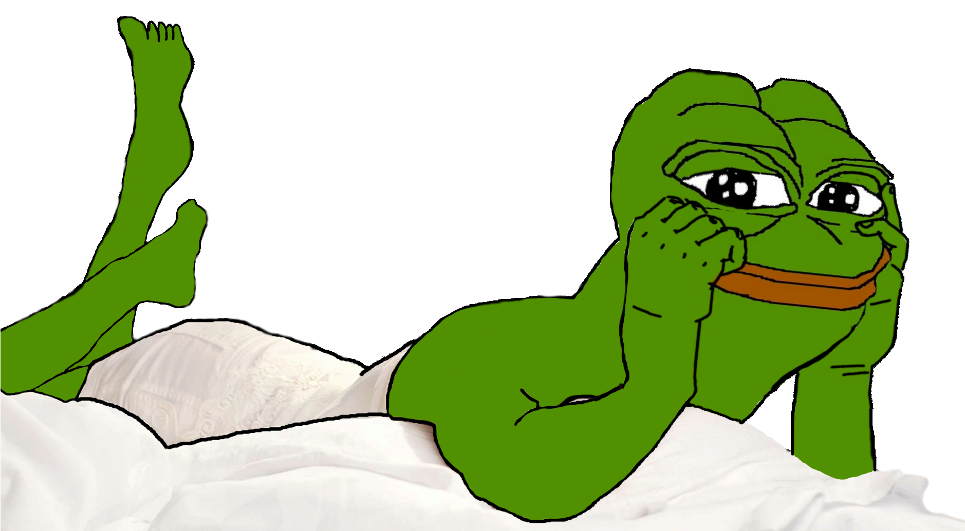 放鬆的 Pepe the Frog 仰躺 壁紙 — 一隻綠色卡通青蛙躺在白色床單上，一隻腳抬起，手靠近嘴巴，背景為黑色。