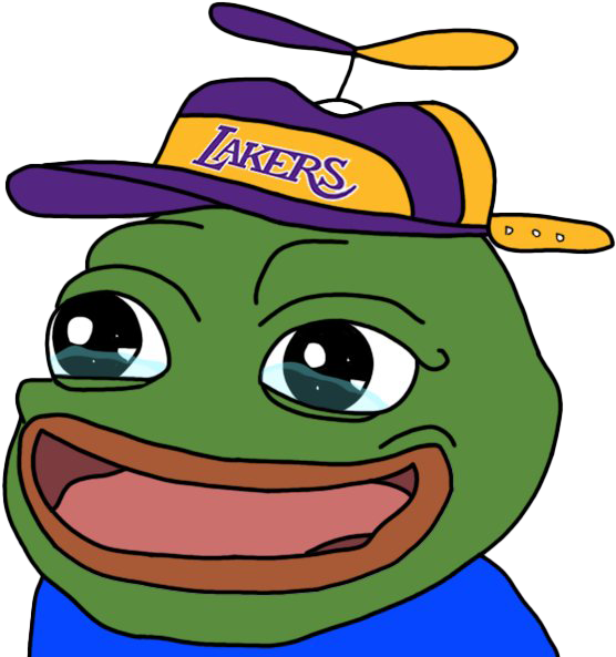 Pepe the Frog湖人隊粉絲.PNG 壁紙 — 一隻卡通青蛙咧嘴大笑，戴著紫色和金色的湖人隊帽子，頂部有一個小螺旋槳。