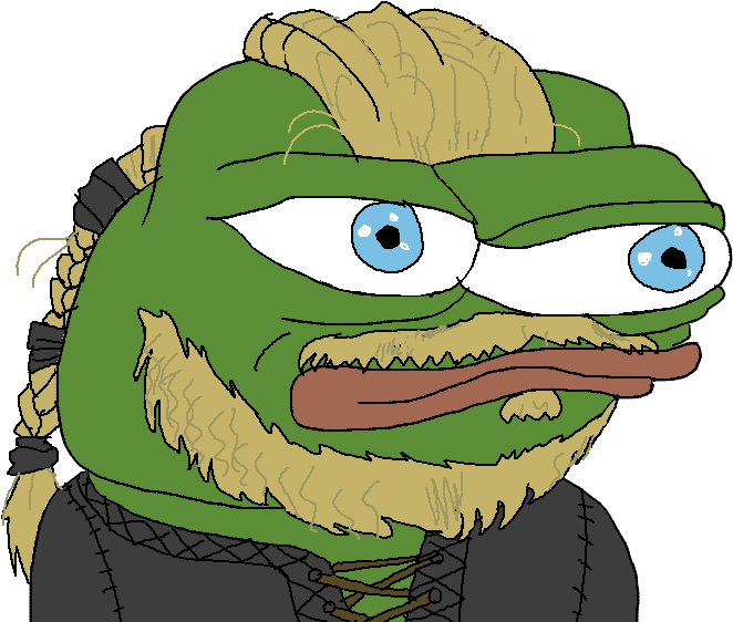 Pepe the Frog化身維京戰士 壁紙 — 一隻卡通青蛙，梳著辮子金髮，表情兇猛，用明亮的藍眼睛凝視著。