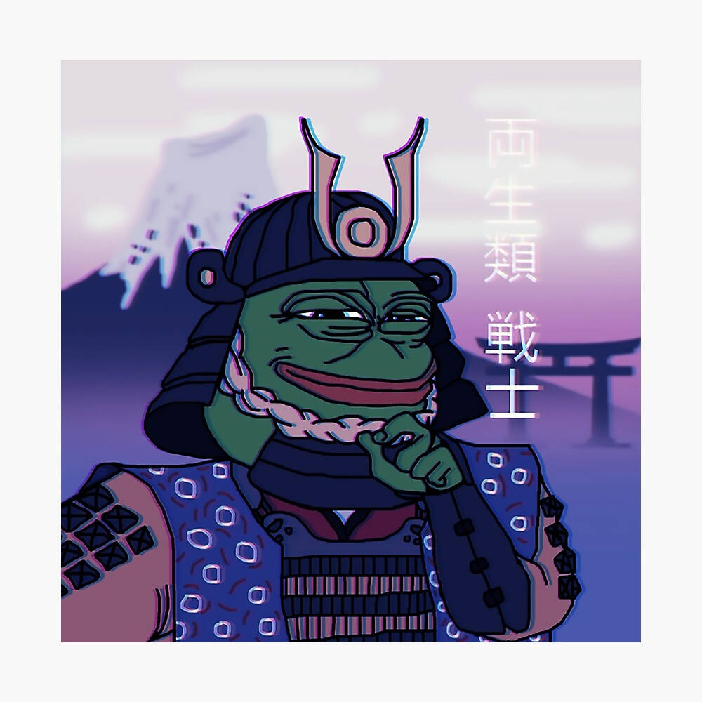 穿著武士盔甲的青蛙在暮色中對著富士山和鳥居微笑。