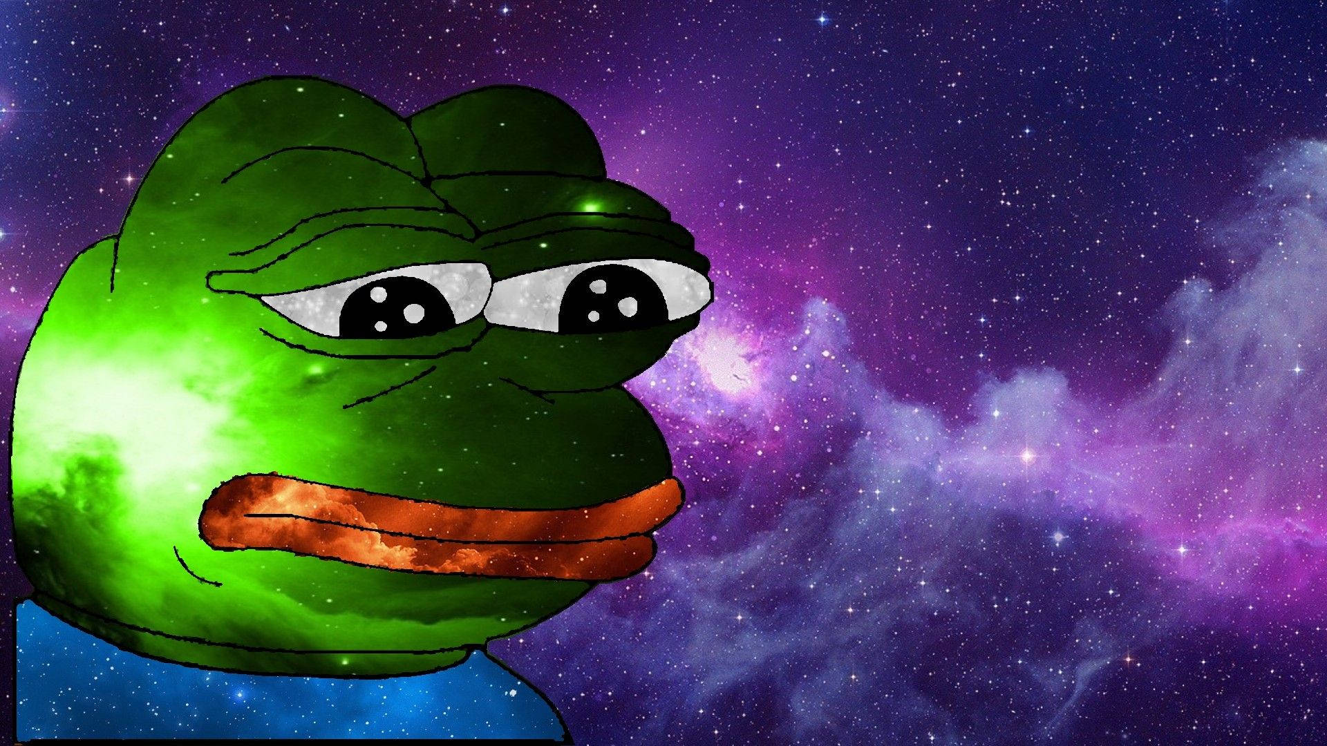 Pepe the Frog 漂浮在色彩繽紛的星空宇宙星雲中。