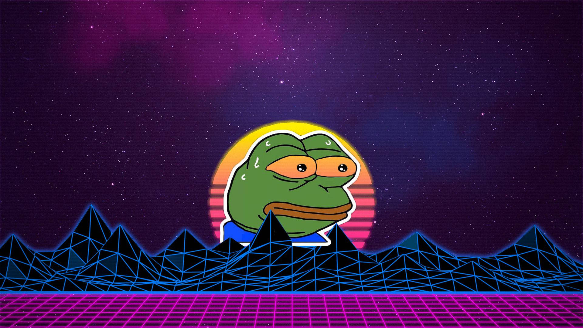 綠色青蛙，眼睛下垂，在星空紫色天空下的霓虹燈網格上。