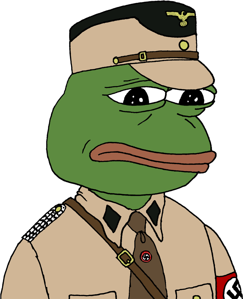 Pepe青蛙穿軍裝 壁紙 — 一隻卡通青蛙穿著納粹制服，表情陰沉，背景為黑色。