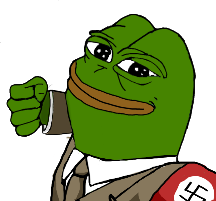 Pepe青蛙穿西裝領帶 壁紙 — 一隻卡通青蛙穿著棕色制服，戴著帶有卐字的紅色臂章，在黑色背景前舉起緊握的拳頭。