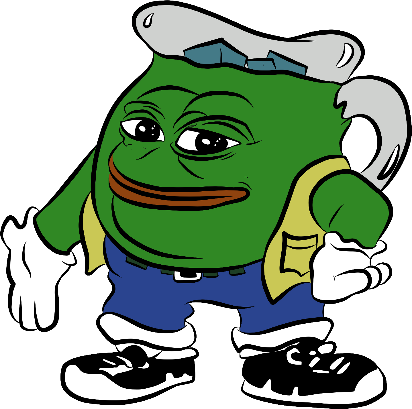 酷愛人與 Pepe 混合角色 壁紙 — 一隻卡通青蛙，帶著得意的笑容，戴著廚師帽，在黑色背景前拿著扳手。