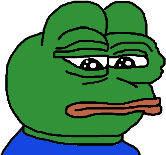 Pepe青蛙傷感表情 壁紙 — 一隻卡通青蛙，表情無聊，穿著藍色襯衫，背景為黑色。
