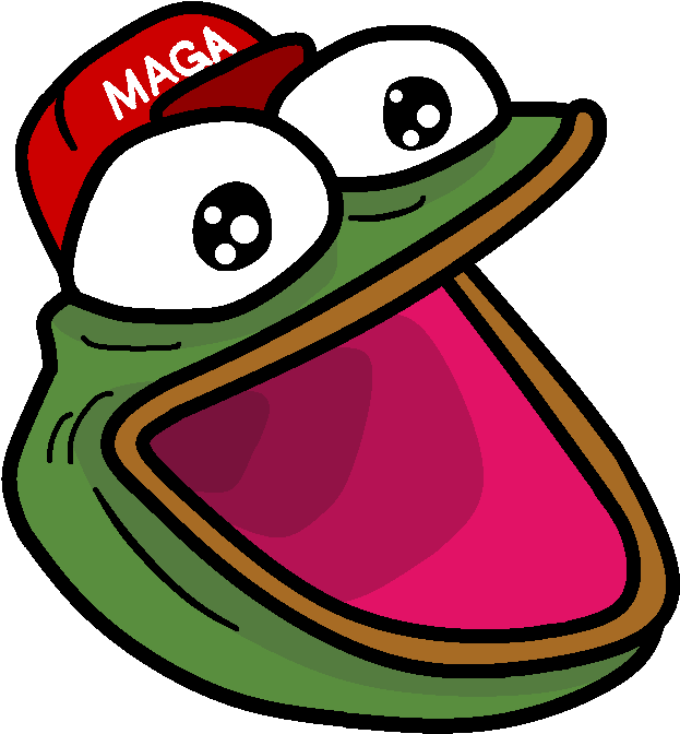 Pepe青蛙戴MAGA帽 壁紙 — 一隻卡通青蛙戴著紅色MAGA帽子，睜大眼睛，張開嘴露出鮮粉紅色的舌頭在喊叫。