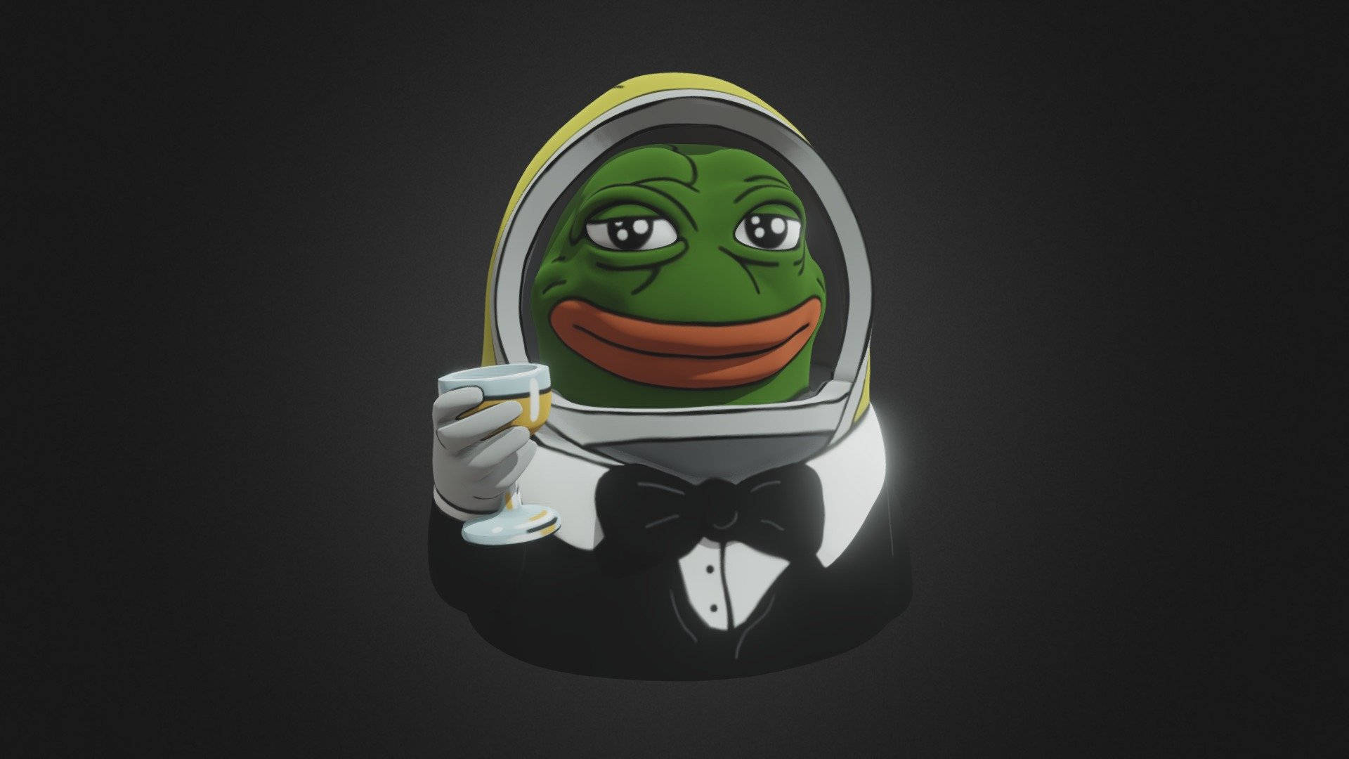 穿著太空服和燕尾服的青蛙拿著香檳杯。