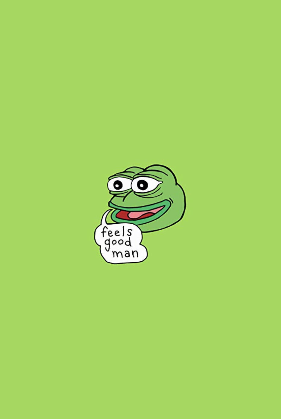 卡通青蛙，帶有對話框，上面寫著「feels good man」，背景為綠色。