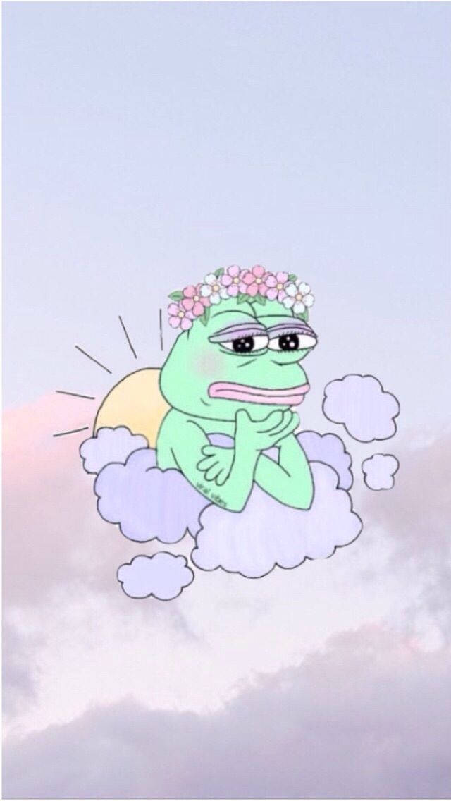 一隻戴著花冠的疲倦青蛙坐在雲上，背後有太陽。
