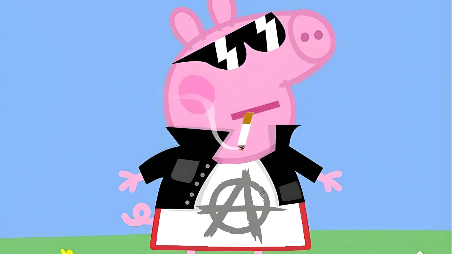  壁紙 — Peppa Pig 打扮成龐克搖滾歌手，身穿黑色外套、無政府主義標誌、太陽眼鏡和香煙。