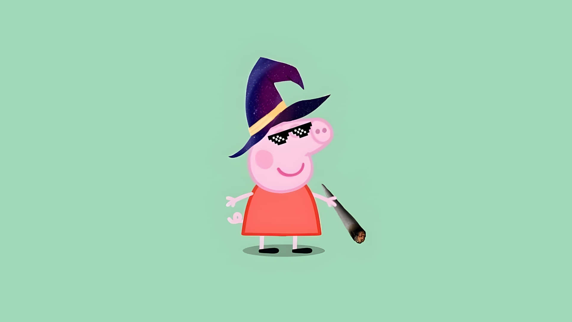  壁紙 — Peppa Pig 打扮成一個型格女巫，戴住銀河帽同太陽眼鏡，喺薄荷綠色背景前揸住掃帚。