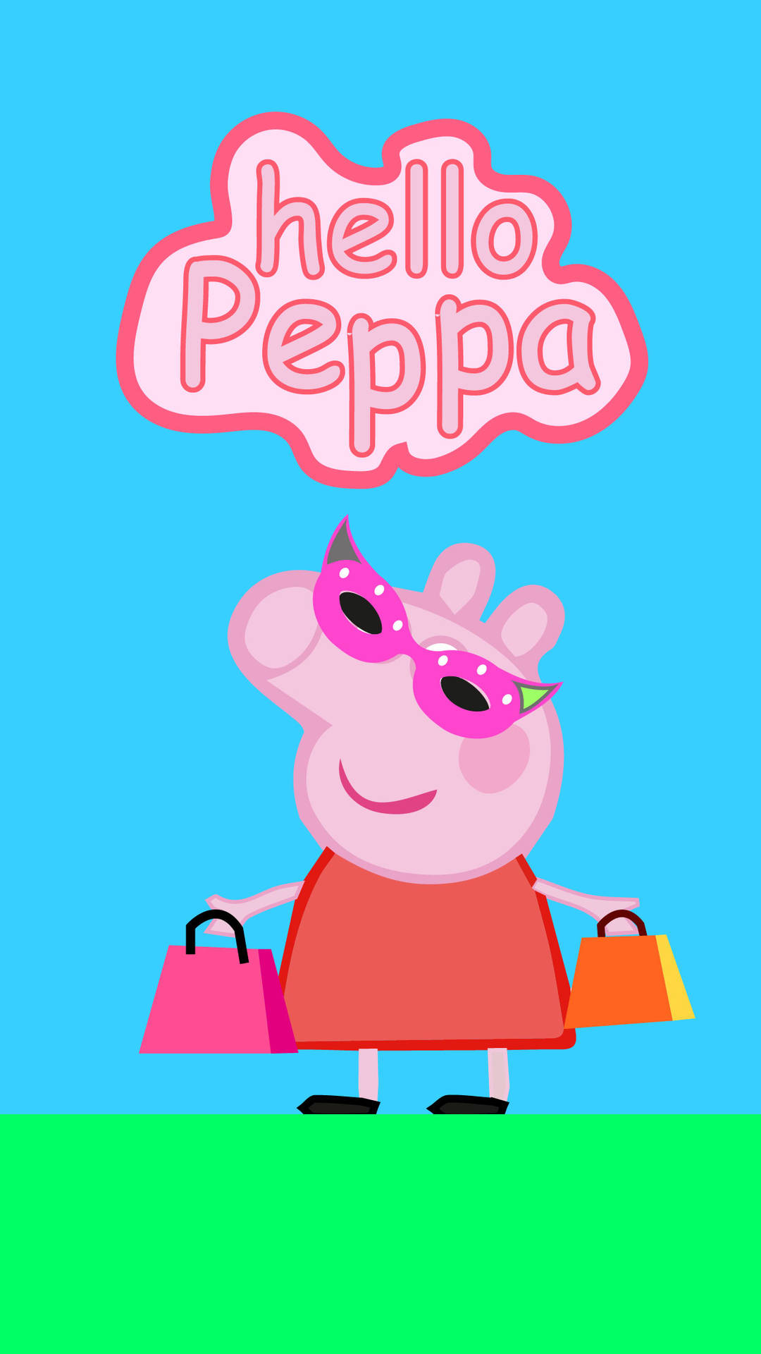 Peppa Pig 戴著太陽眼鏡，拿著購物袋，並有哈囉 Peppa 對話氣泡。