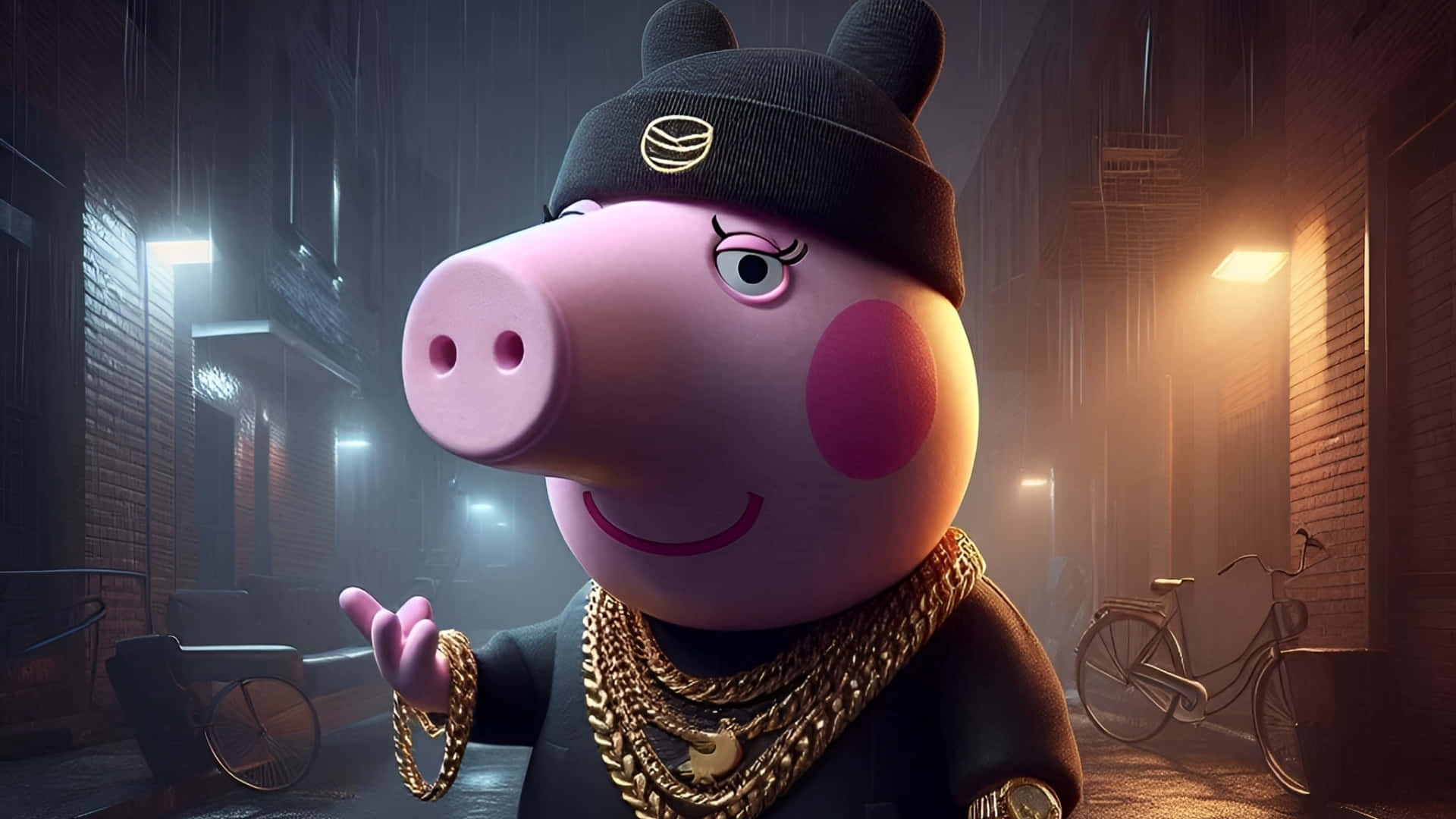  壁紙 — Peppa Pig 戴著黑色冷帽和金鏈，自信地站在被溫暖街燈照亮的雨城市巷中。