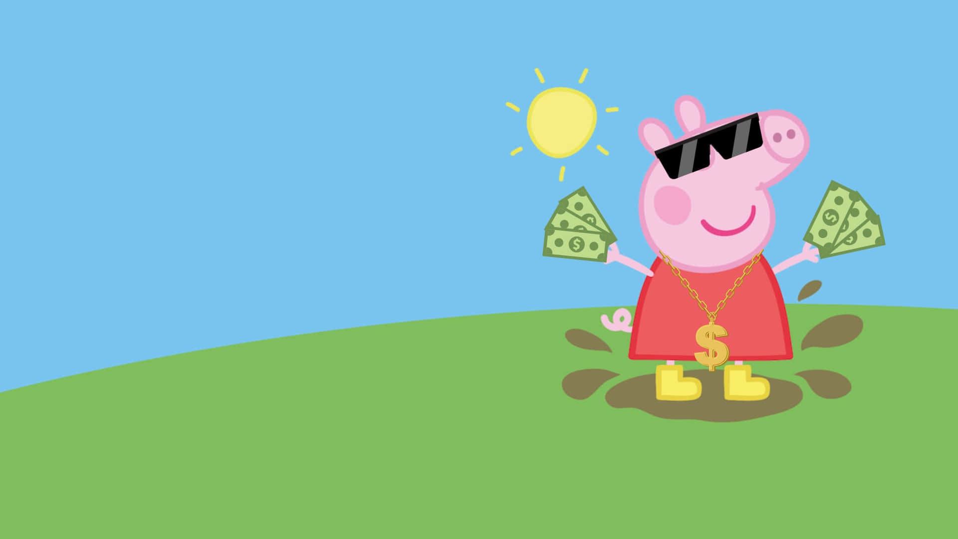  壁紙 — Peppa Pig 戴著太陽眼鏡和美元符號項鍊，站在綠色山丘上，在明亮的陽光下拿著錢。