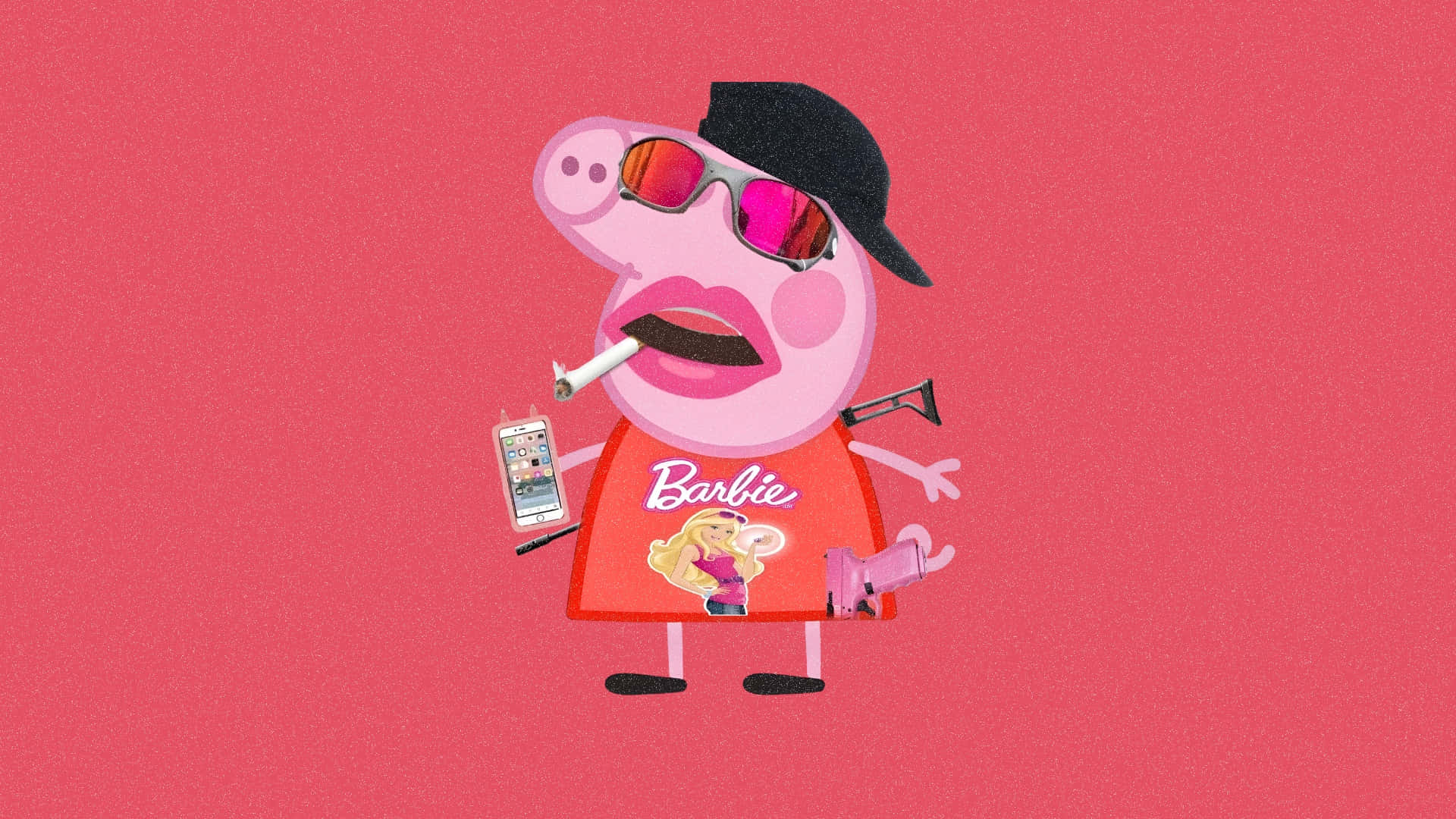  壁紙 — Peppa Pig 戴著黑色帽子和粉紅色太陽眼鏡，在純粉紅色背景上吸煙，同時拿著電話和槍。