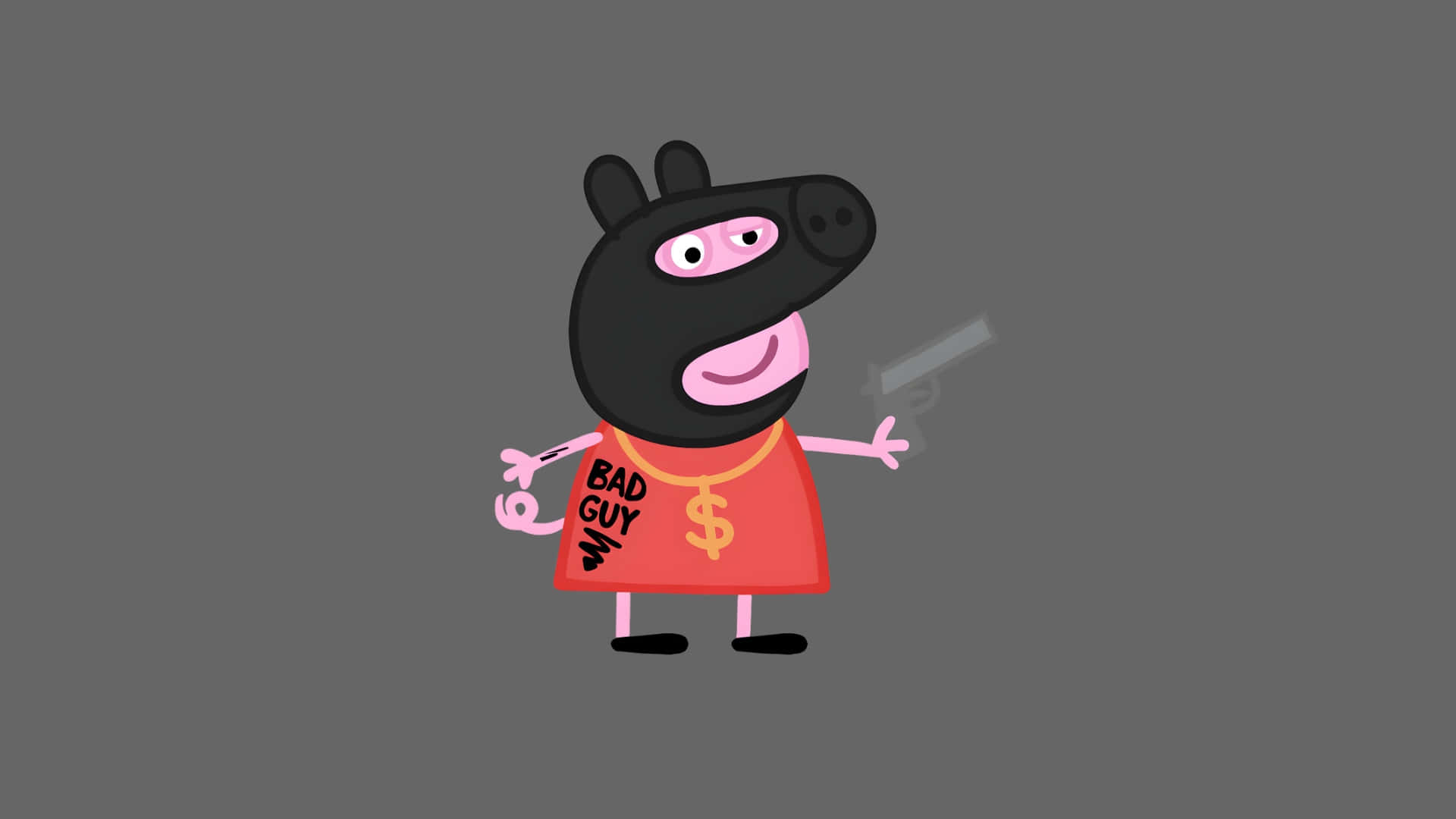  壁紙 — Peppa Pig 打扮成卡通壞人，身穿紅色襯衫和黑色面具，手持玩具槍，背景為灰色。