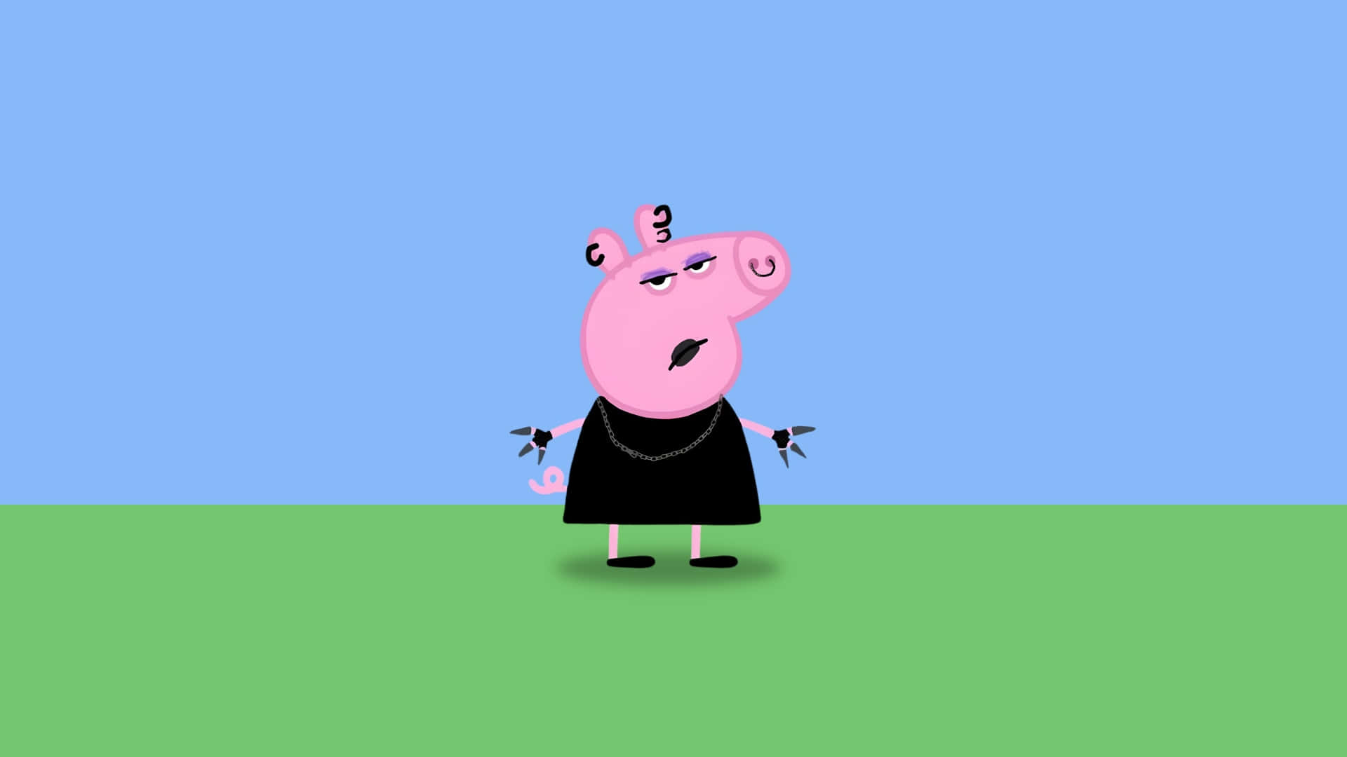  壁紙 — Peppa Pig 身穿黑色衣服，化著戲劇性的妝容，自信地站在綠色草地上，背景是純藍色的天空。