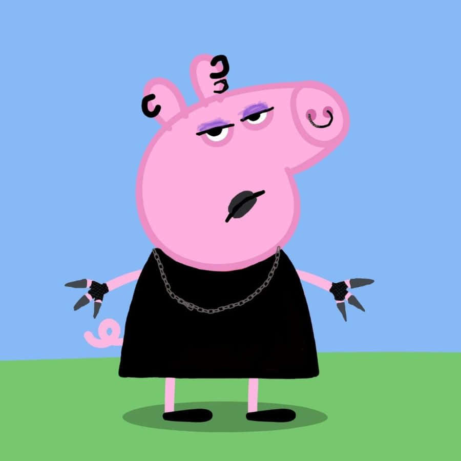 Madame Gazelle 桌布 壁紙 — Peppa Pig 穿著哥德式服裝，黑色連衣裙、爪子和鏈條，背景是藍天和綠草。