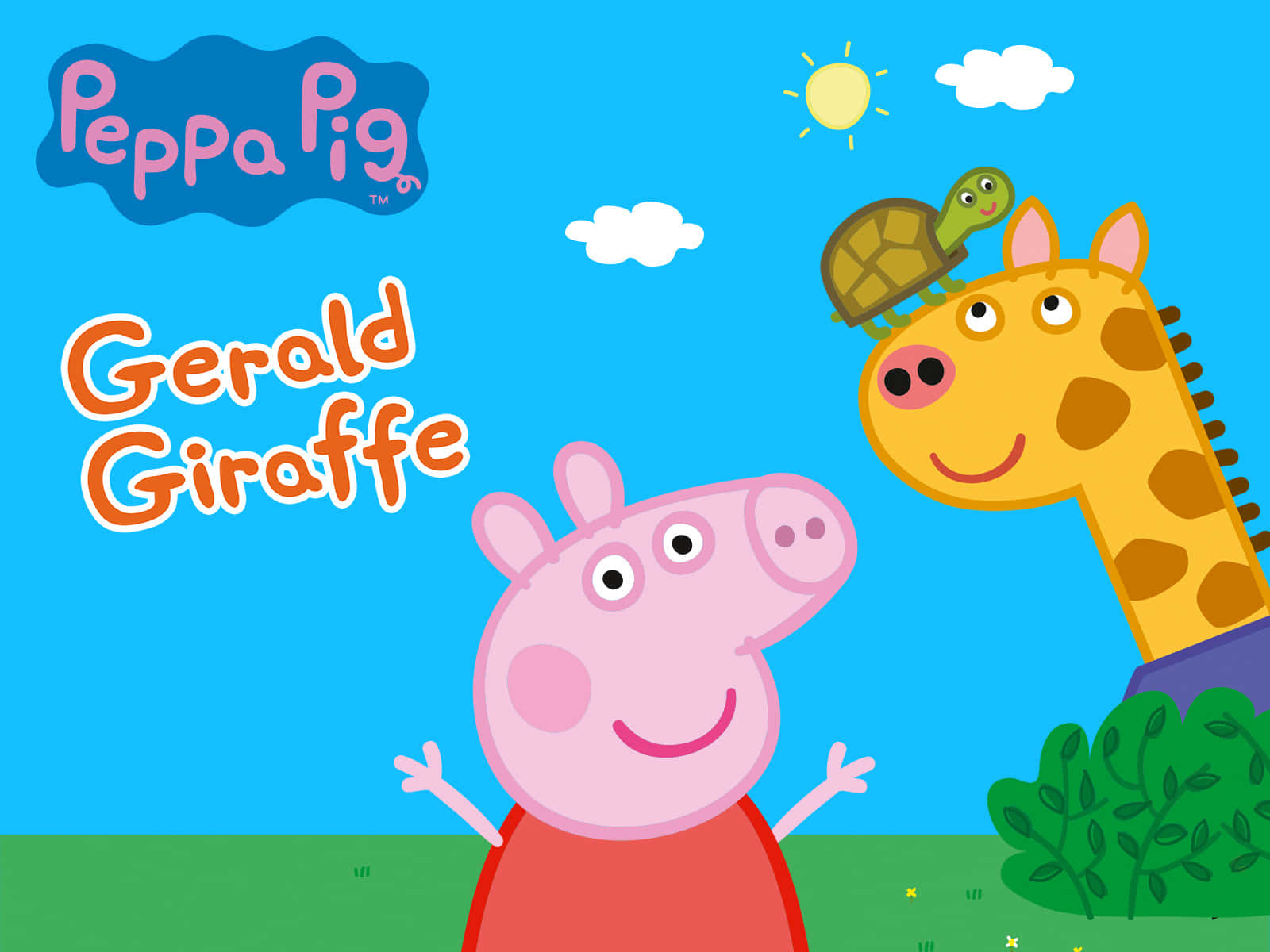 壁紙 — Peppa Pig 喺晴朗嘅藍天下，同太陽同雲一齊，喺Gerald Giraffe旁邊開心咁笑。