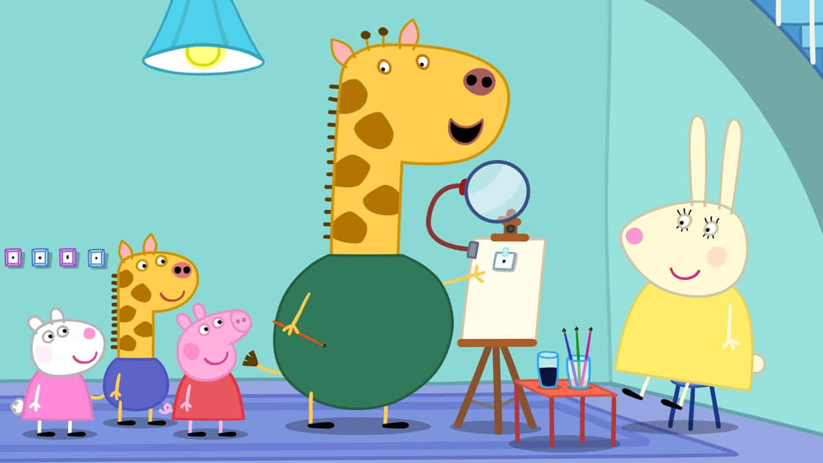  壁紙 — Peppa Pig 和朋友們看著一隻高大的長頸鹿藝術家用放大鏡在明亮的青綠色藝術工作室裡畫畫。