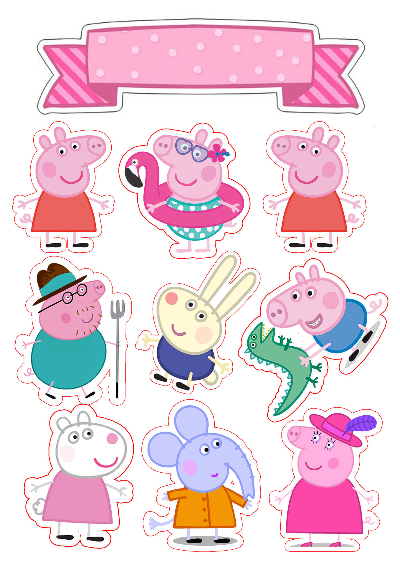 Peppa Pig 和朋友們的紙剪裁，附粉紅色橫幅。